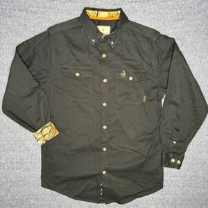 Legendary Whitetails Mens Black Canvas Camo Trim Button Down Shirt Size Medium